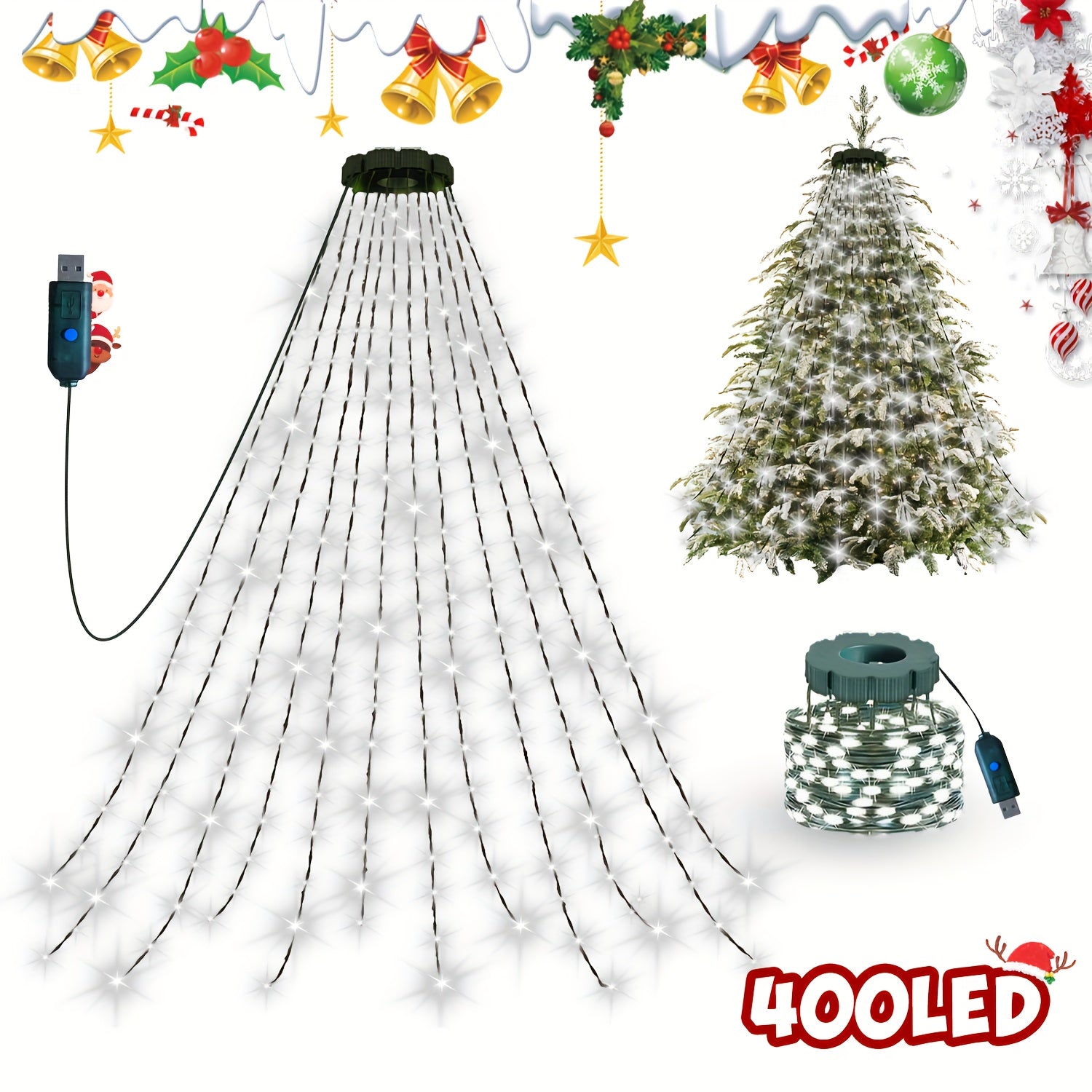 400/220 LED 圣诞室内灯串 | 20/11 码 78.74 英寸瀑布树灯，USB 插电，高亮度珠子灯，8 种模式，适用于花园、露台、家庭、圣诞树装饰、节日装饰、活动策划