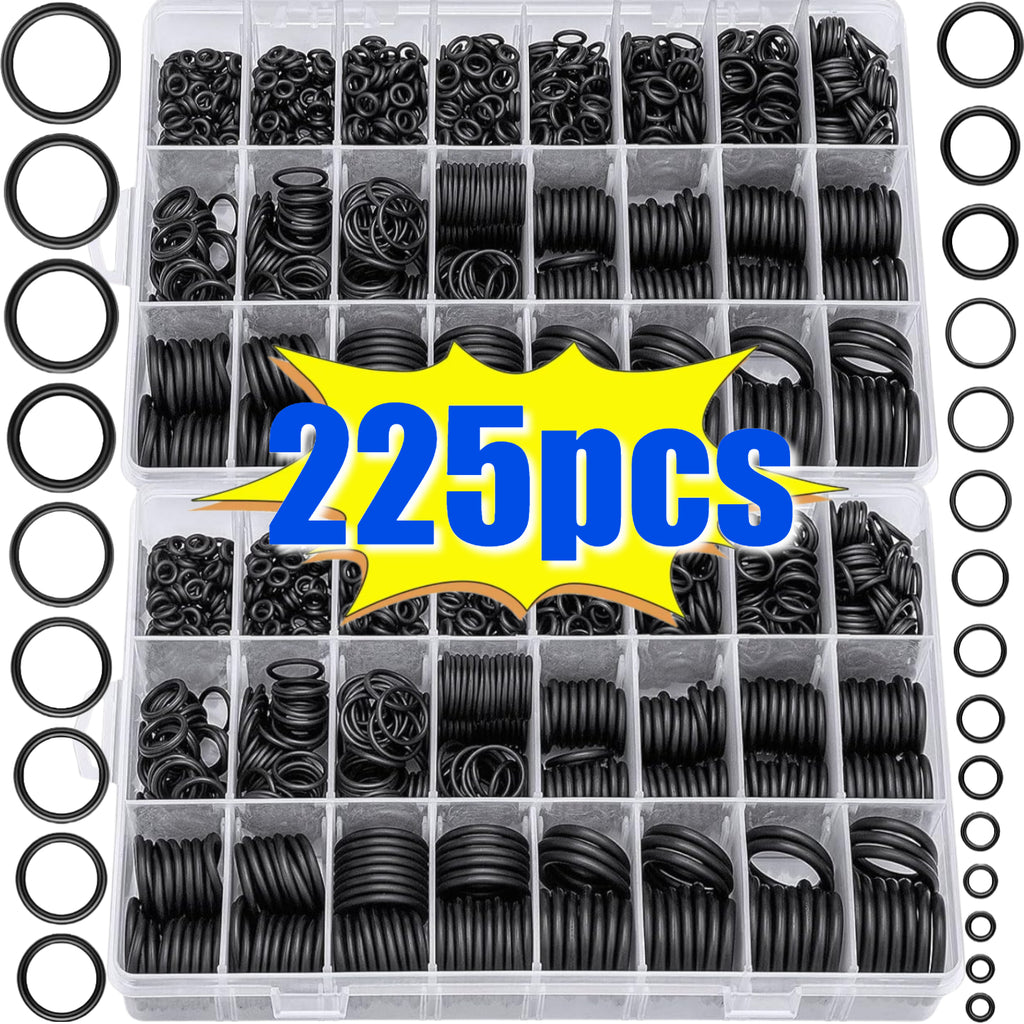 225-Piece Waterproof Rubber O-Ring Kit (Flat Washers) – Heavy-Duty Multi-Size Leak-Proof Sealing Gaskets for Home Repair, Plumbing, Automotive & Mechanical Applications – Durable & Economical Bulk Pack