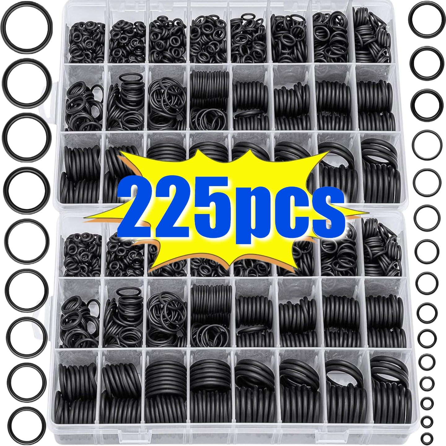 225-Piece Waterproof Rubber O-Ring Kit (Flat Washers) – Heavy-Duty Multi-Size Leak-Proof Sealing Gaskets for Home Repair, Plumbing, Automotive & Mechanical Applications – Durable & Economical Bulk Pack
