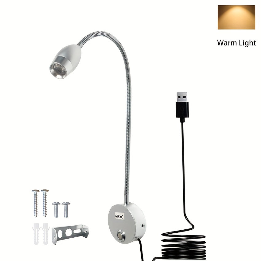 Reading light spotlight, wall-mounted lamp with flexible gooseneck, touch dimmable switch, three color modes, bedside night light suitable for bed, headboard, desk