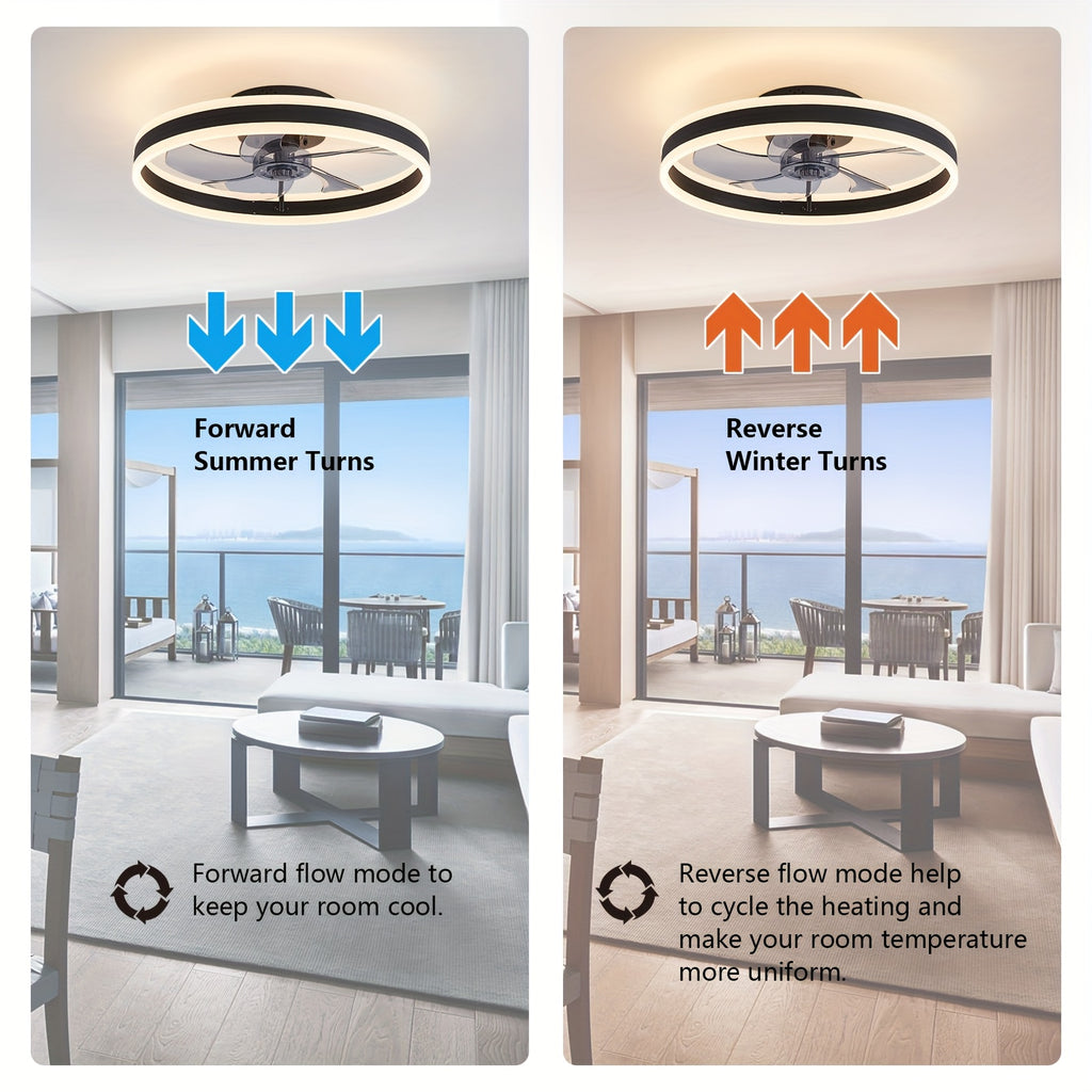 19.7 Inch Low Profile Flush Mount Ceiling Fan with Light & Remote, Bladeless Smart LED Ceiling Fan Light, Modern Black Bedroom Ceiling Fan