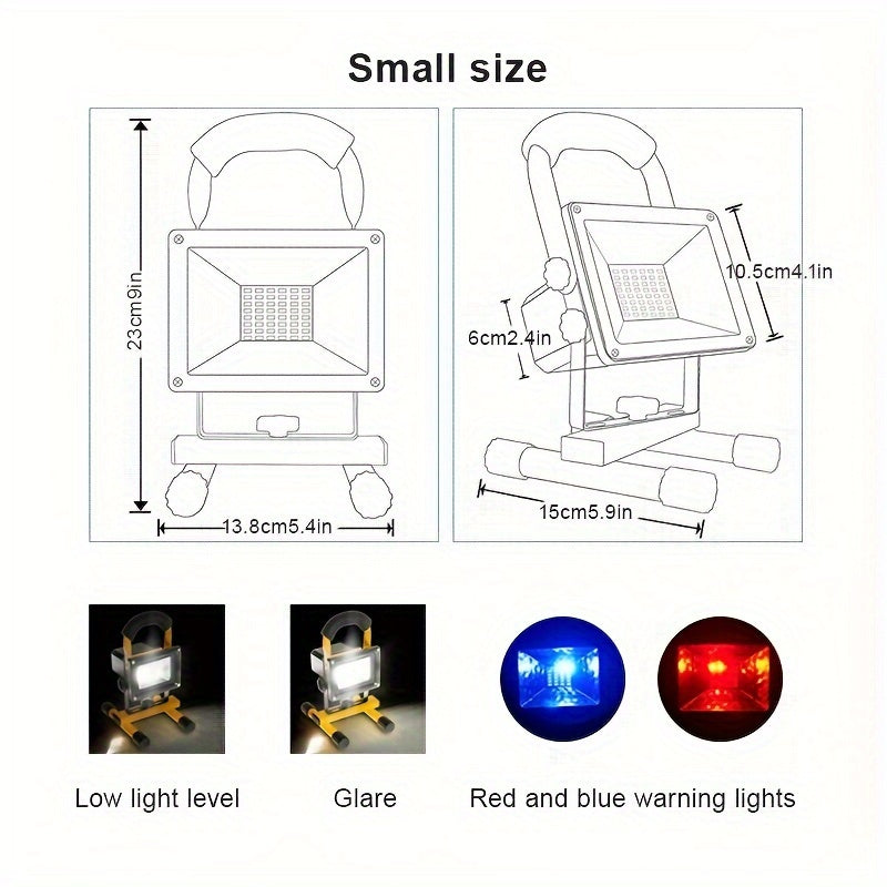 USB rechargeable, LED light source spotlight and floodlight, compact and portable, with aluminum heatsink, three-step dimming, red/blue strobe, high brightness, long battery life