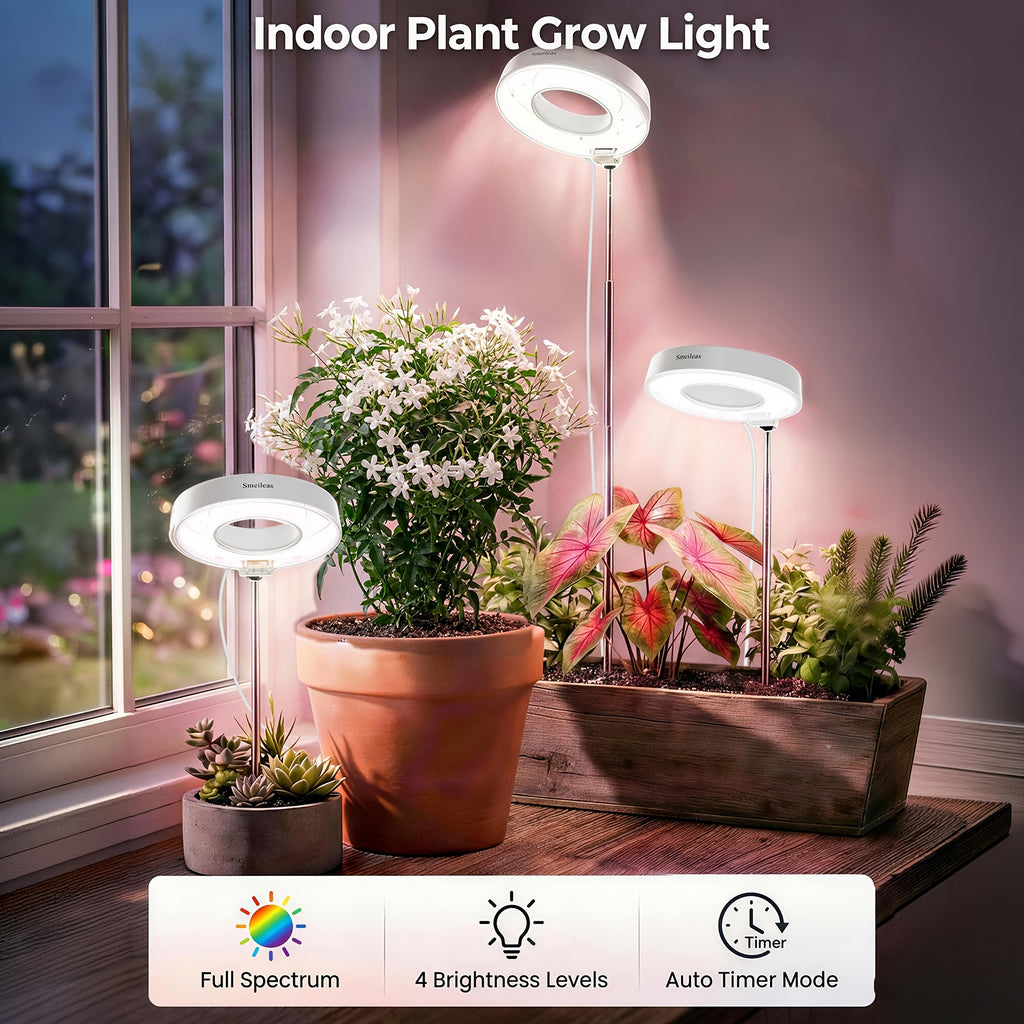 3-Pack Indoor Plant Grow Light, 720° Magnetic Mount Head, Full Spectrum, Height Adjustable, 3/6/9H Timer & Brightness Dimmable, for Tall Floor Plants, White