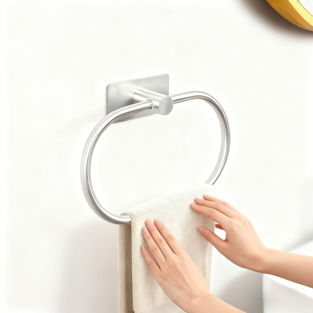 Stainless Steel Towel Rack & Towel Ring - 180° Foldable, Wall Invisible Installation, Strong Adhesive Backing, Towel & Bath Towel Storage Bathroom Organizer, Bathroom Accessories