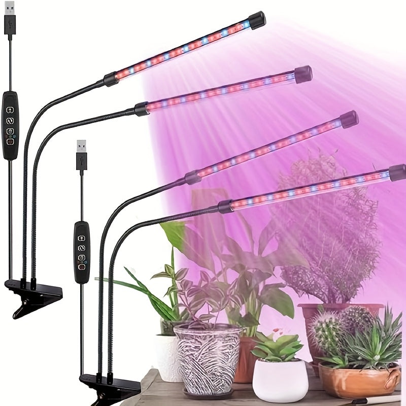 Dual-head round tube clip-on indoor plant grow light, three-color dimming (white/red/blue), with 3/9/12 hour timer function, allowing plants to enjoy sunlight indoors at night as well. Ideal birthday gift for gardening enthusiasts