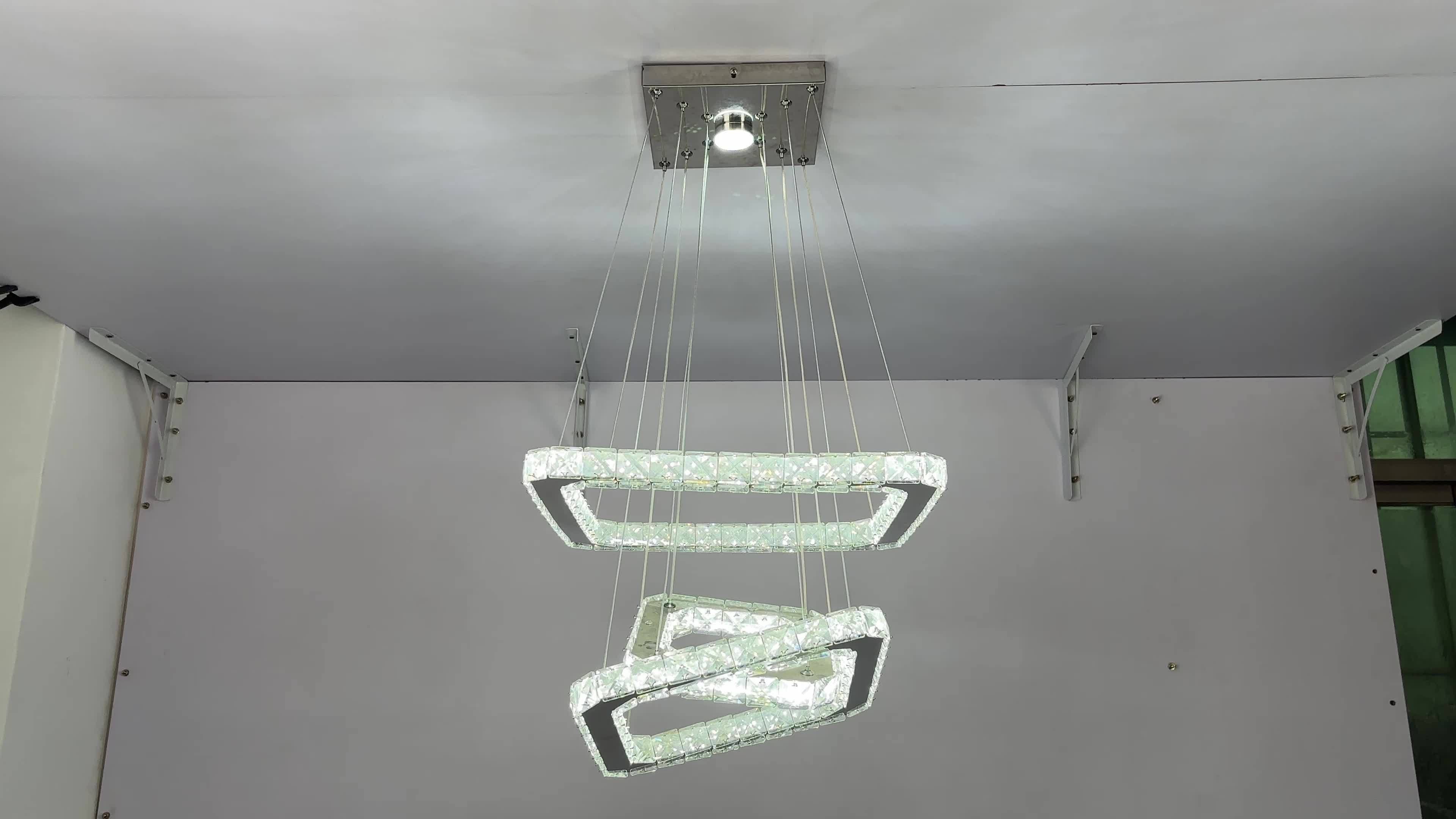Modern Square Ring Crystal Chandelier, Height Adjustable Ceiling Light (Cool White Light)