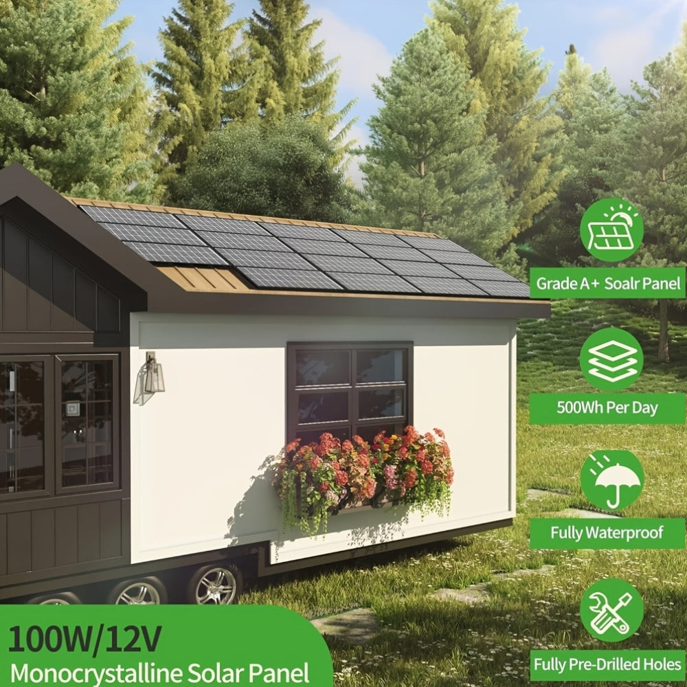 太陽能板 100 瓦 12 伏，高效單晶體太陽能 PV 模組電源充電器，適用於露營車、船舶、屋頂農場電池和其他離網應用，單片 100W
