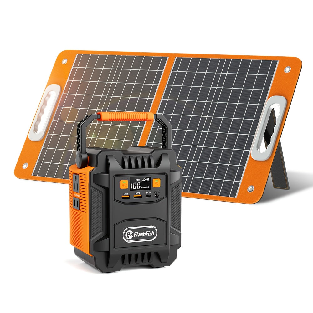 60W太陽能板/200W（峰值400W）行動式電源/200W太陽能發電機配備60W太陽能板，172.8Wh備用鋰電池電源，帶AC插座、DC介面、USB、QC3.0太陽能介面，行動式發電機適用於禮品、家庭、戶外露營|應急