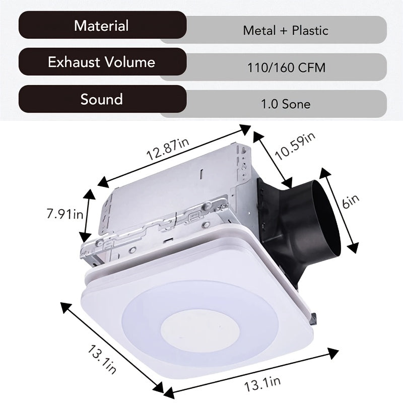 Modern Smart Bathroom Fan with Wireless Speaker & Remote Control - Ultra Quiet Dual Speed 110/160 CFM, 1500LM 3-Color Dimmable LED Light (2700K/4000K/6500K), Music Sync RGB Ambient Light
