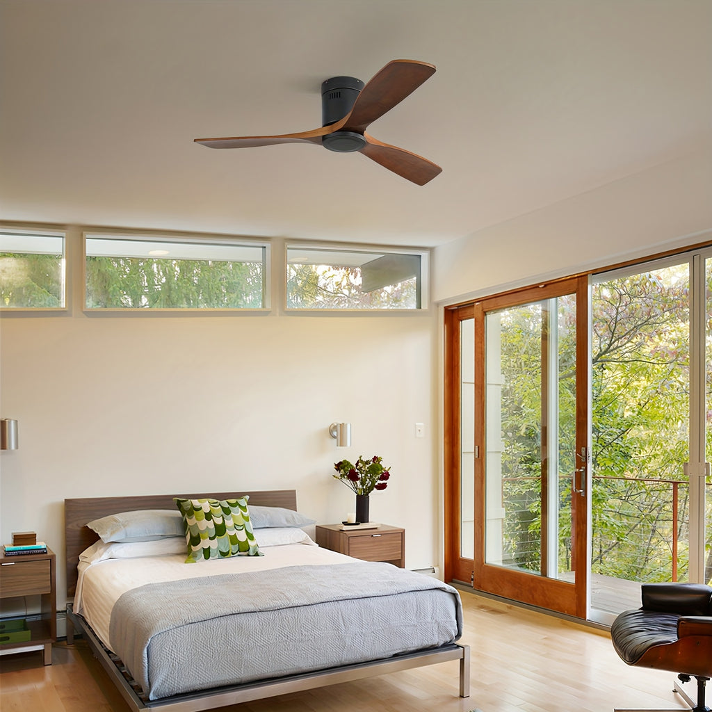 Sofucor 1pc 52" Flush Mount Ceiling Fan, Low Profile Ceiling Fan with Remote Control, Outdoor Ceiling Fan with 3 Double-Sided Walnut Blades, Noiseless DC Motor