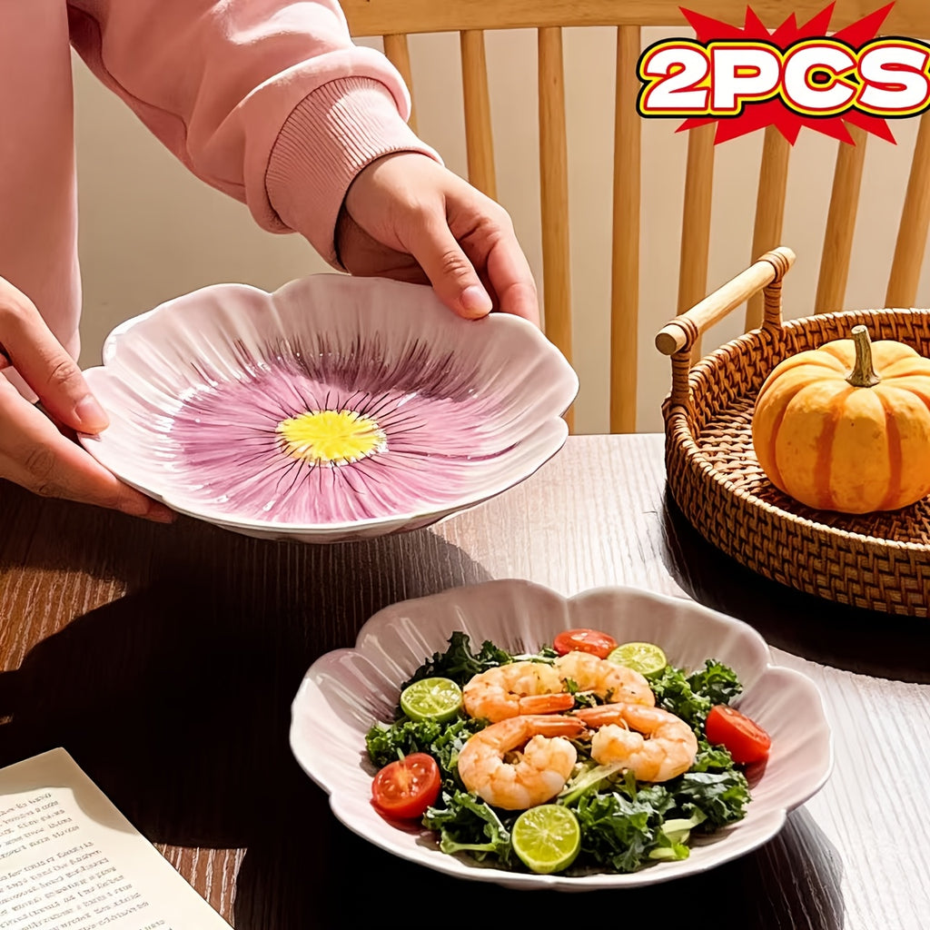 2PCS Set, New Purple Flower Bud Ceramic Dinnerware – Steak Plate, Pasta Plate – Perfect for Restaurant & Home Use – Novel Floral Pattern Plate, Fruit Salad Bowl, Exquisite Personalized Tableware, Fine Kitchen Dinnerware, Gift