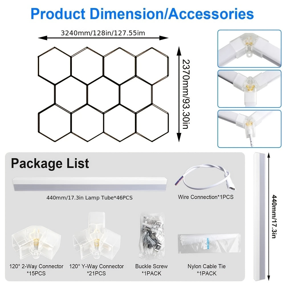 LED hexagon garage light, barbershop ceiling light, shopping mall energy-saving lighting lamp, 11 holes 46 tubes, DIY honeycomb tube shapeable, ultra-bright effect LED tube AC100-265V, suitable for energy-saving lighting in garages, gyms