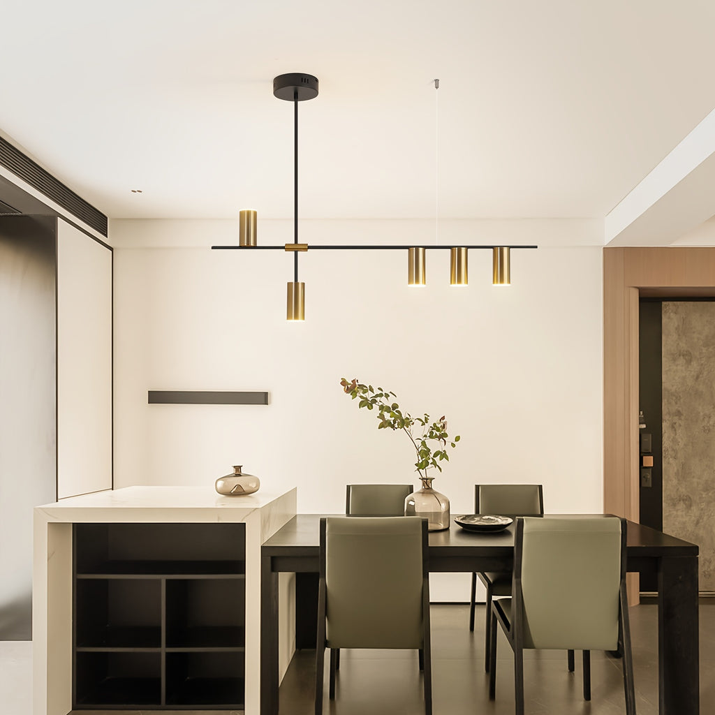 Adjustable dimmable linear pendant light, with remote control, modern LED pendant light design, polished metal lamp head, black and gold hanging light, suitable for kitchen island, dining room and living room
