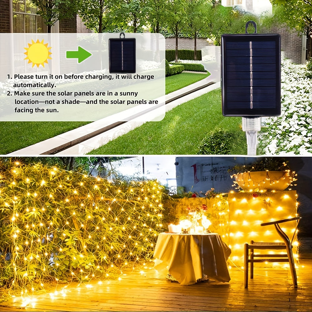 1包太阳能网灯-192 LED，9.8英尺x 6.6英尺8模式LED闪光网灯，适用于室外/室内使用-非常适合树木、景观、花园、屋顶、阳台、墙壁装饰-非常适合婚礼、生日、圣诞节、万圣节、派对 IP44