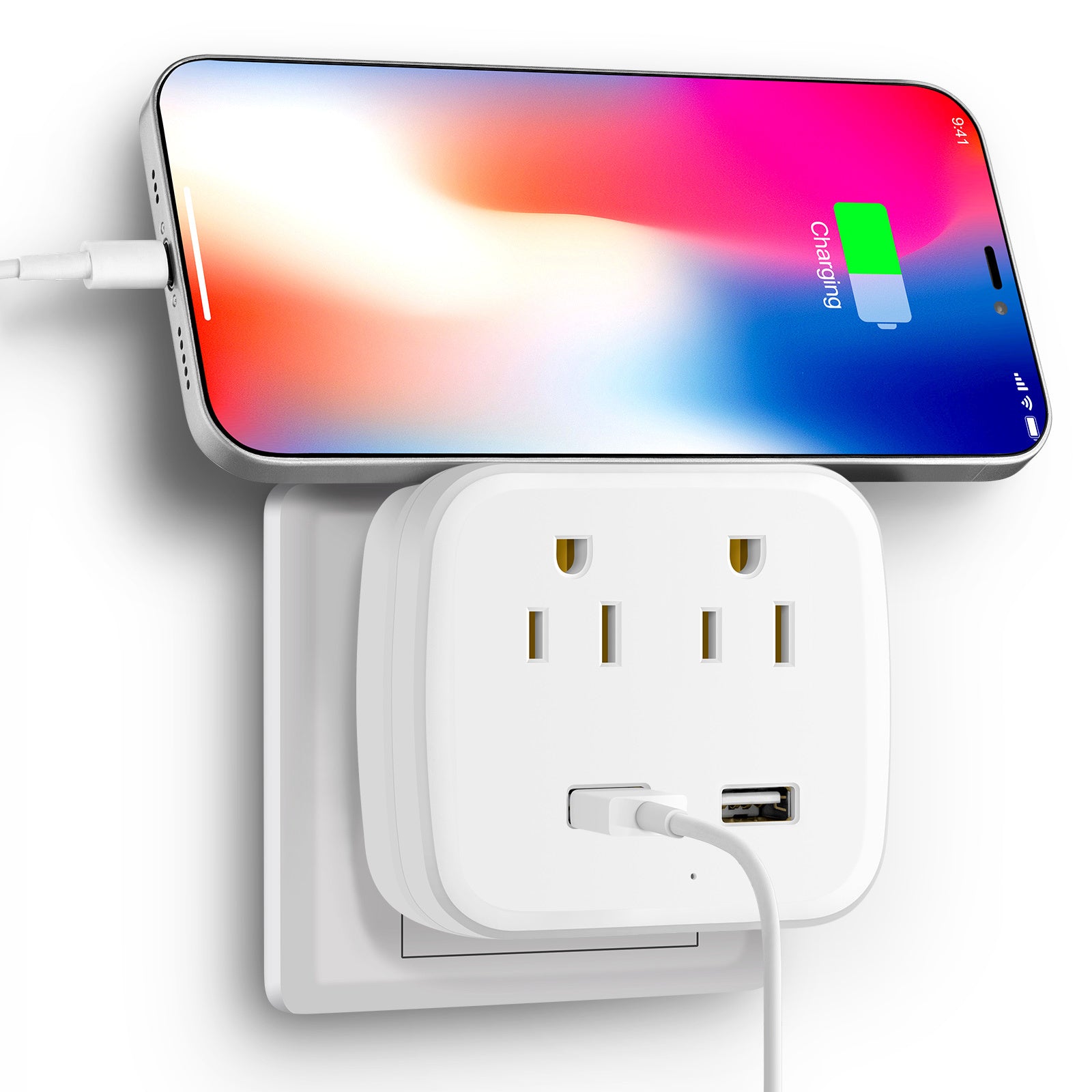 Surge Protector, 2 with 2 USB Ports USB C Socket Extender, Power Board Multi-Plug Socket Extender, Charger, Socket Distributor Adapter Wall-mounted, Suitable for Home, Travel, Office