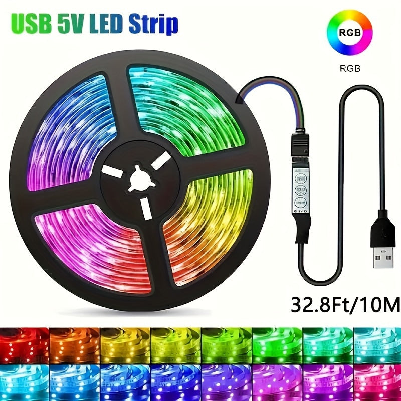 USB多功能控制RGB LED灯带，具动态颜色同步功能，长度可选3.28FT至100FT，适用于电视、房间和圣诞装饰。广泛用于汽车装饰、派对氛围照明