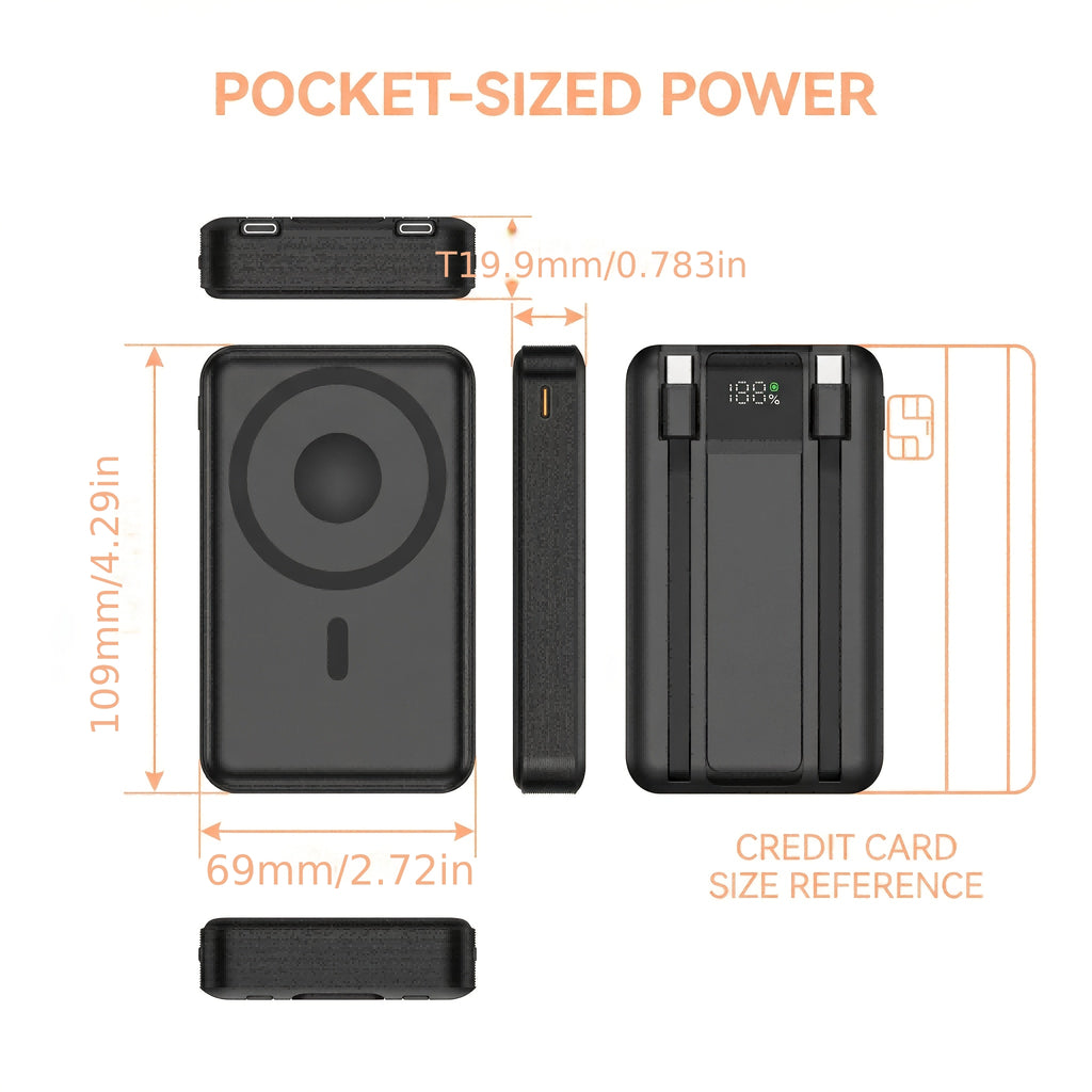 A 10000Mah 22.5W Magnetic Portable Power Bank Featuring Two Integrated Cables, an Essential Accessory for Everyday Travel