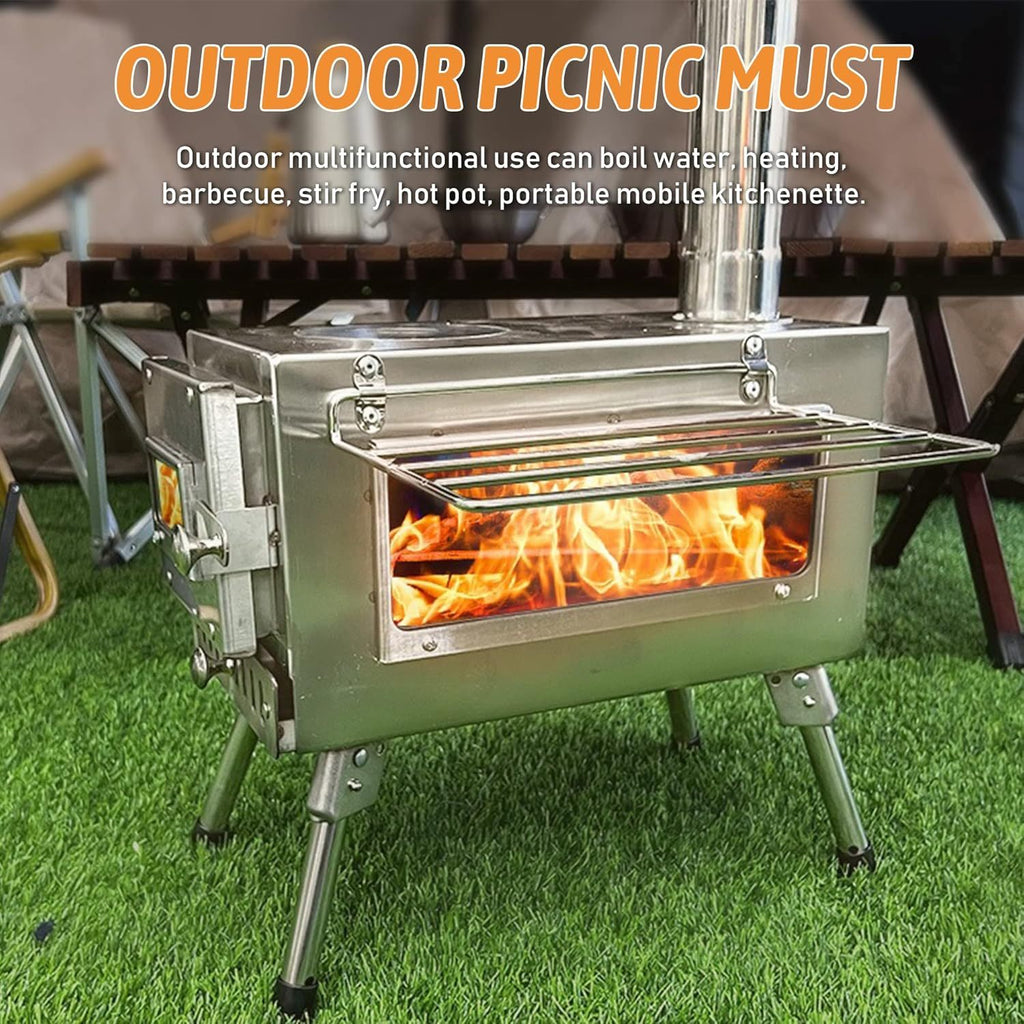 Wood Burning Stove, Stainless Steel Camping Stove, Portable Wood Stove, Outdoor Cooking Camping Wood Stove with 5 Chimney Pipe Sections & Gloves, Ideal for Ice Fishing