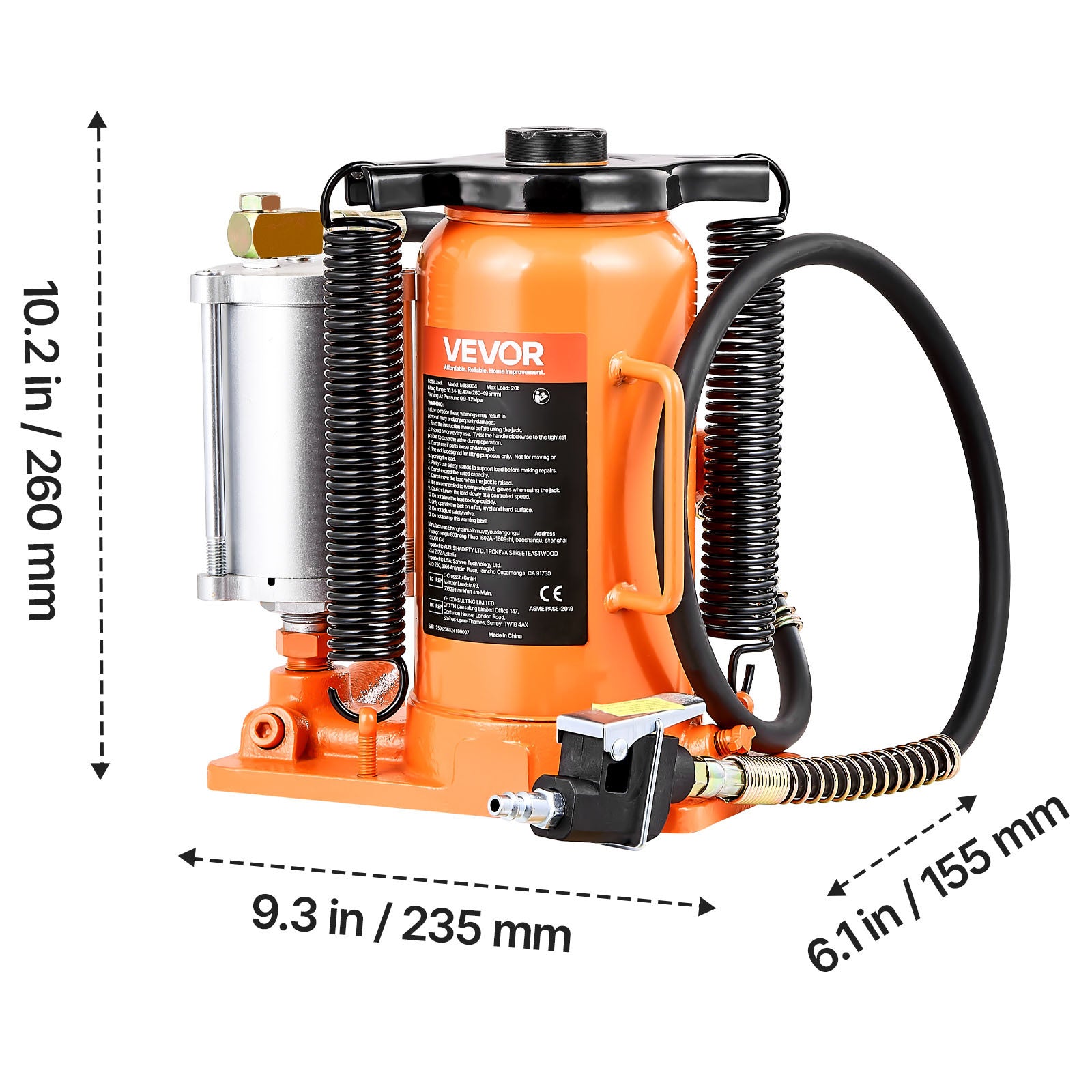 VEVOR Air Hydraulic Jack, 20 Ton (44,092 lbs) Capacity, 10.2-19.5 Inch Lifting Range, Pneumatic/Manual Heavy Duty Welded Jack with Pump, for Car, SUV, Pickup, Truck, RV Repair, Orange