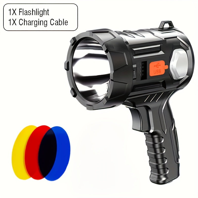 1Pc Rechargeable Spotlight Flashlight with Interchangeable Lenses, High Bright Searchlight, 6 Lighting Modes & 3 Color Filters, Handheld LED Torch with USB Cable, Perfect for Hunting, Home Lighting, Emergency Use