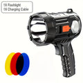 1Pc Rechargeable Spotlight Flashlight with Interchangeable Lenses, High Bright Searchlight, 6 Lighting Modes & 3 Color Filters, Handheld LED Torch with USB Cable, Perfect for Hunting, Home Lighting, Emergency Use