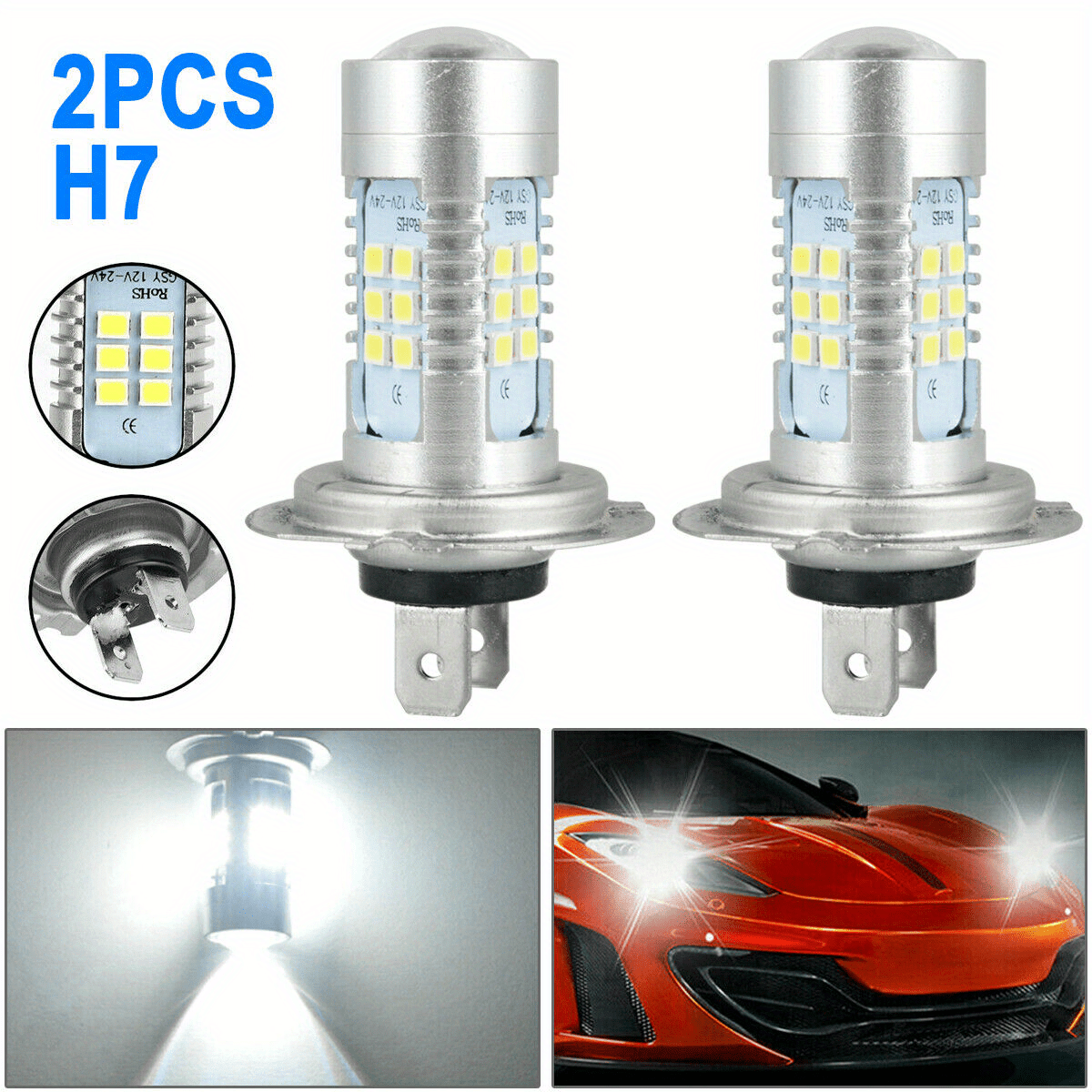 2Pcs H7/H4 LED Headlights High/Low Beam 6000K Super White 800-1000 Lumens, DRL Compatible COB Chip Technology 12V-24V 110W Dimmable, Adjustable Beam, Modern Vehicle Accessories, Aluminum Heatsink