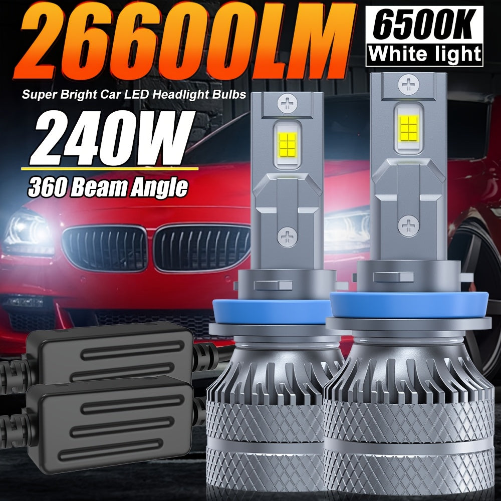 2-Pack Car LED Headlight Bulbs, 240W Power, 26600 Lumens Brightness, 6500K Color Temperature. Compatible with Models 9005, HB3, 9006, HB4, 9012, HIR2, H1, H4, H7, H18, H11, H9, H8-O107. Equipped with a Cooling Fan