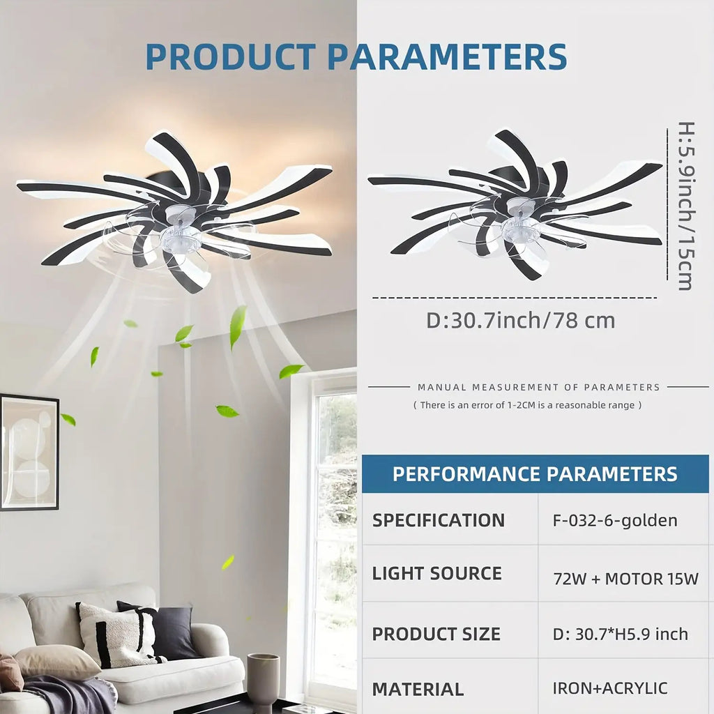 Modern Black Flush Mount Ceiling Fan with Light, 31 Inch, Reversible 6 Speed Adjustable, Remote Control Included, Ceiling Fan Chandelier with Bright Light for Bedroom, Living Room, Kitchen, Office