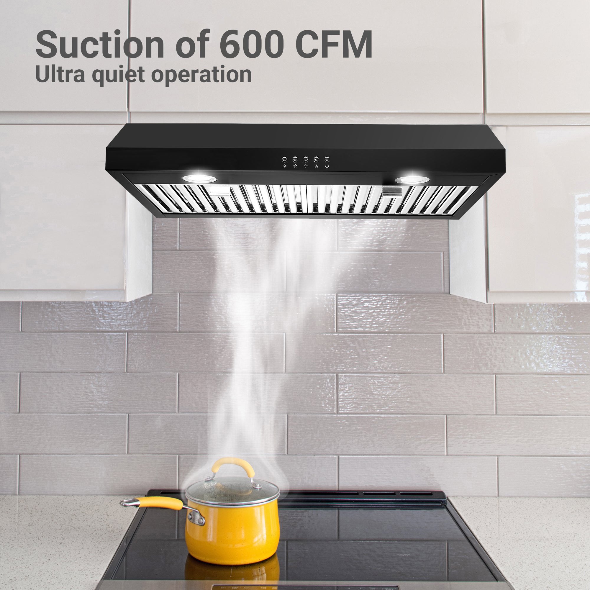 30-Inch Under-Cabinet Range Hood, 600 CFM Stainless Steel Kitchen Exhaust Fan, 3-Way Exhaust System, 2 LED Lights, Button/Touch Control