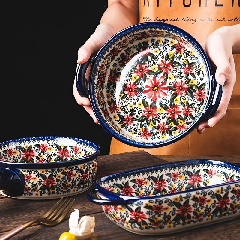 1 Piece, Polish Ear-Shaped Ceramic Baking Dish, Hand-Painted Relief Salad Plate for Home Use, Cheese Baked Rice Dish