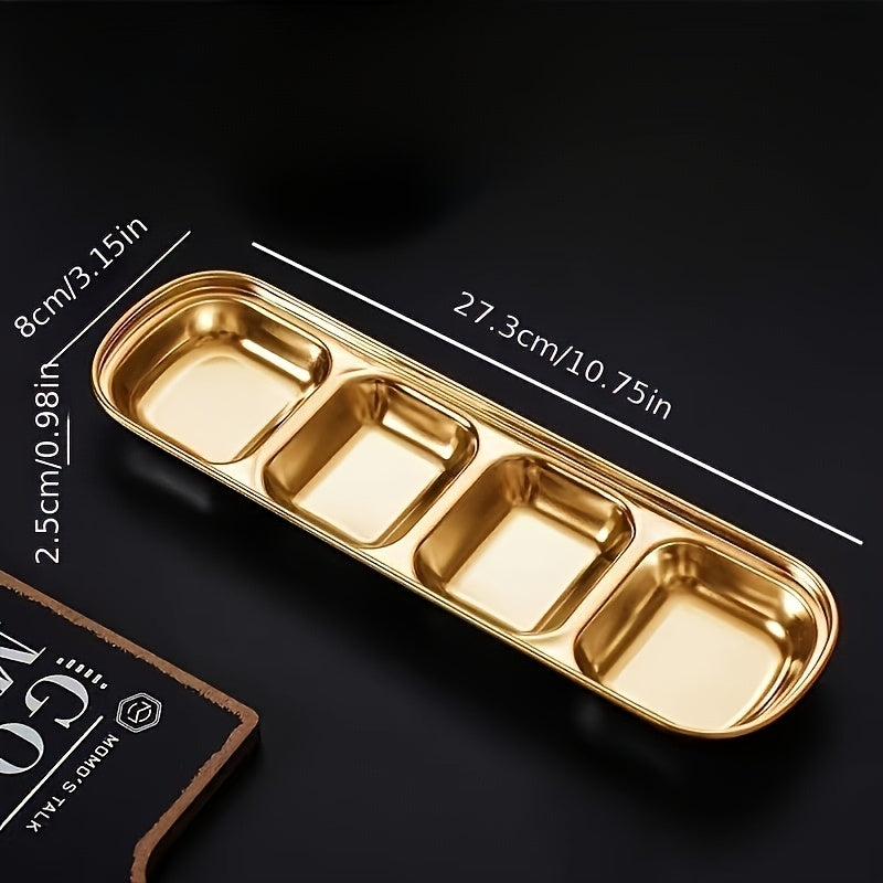 1Pc Golden Compartment Stainless Steel Sauce Plate, Dinner Plate, Salt Vinegar Sugar Seasoning Dipping Bowl