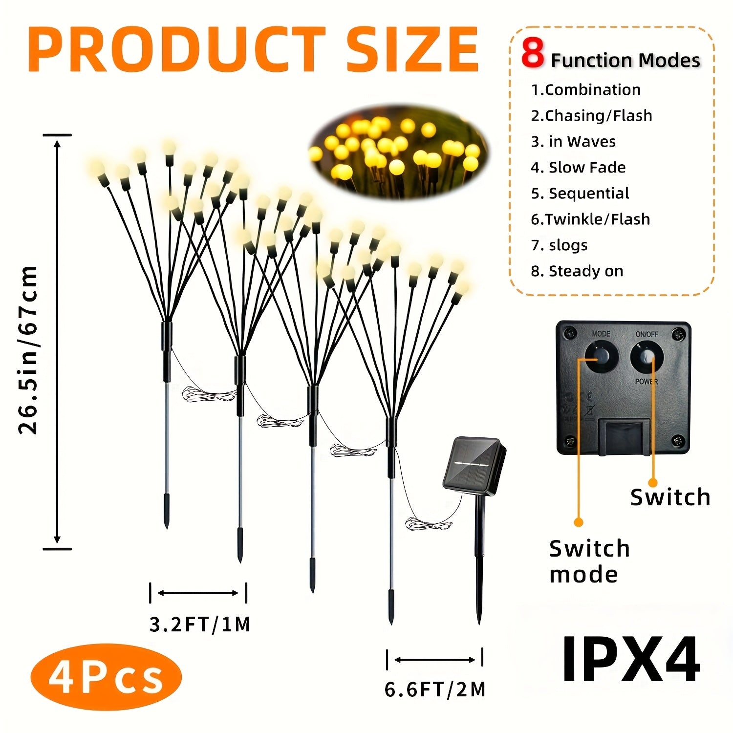 4pcs,32LED 太阳能花园草坪装饰灯，户外闪烁萤火虫灯，8种灯光模式，随风摆动-IPX4仙女灯串，适用于花园、庭院、小径、草坪、景观照明、露台装饰