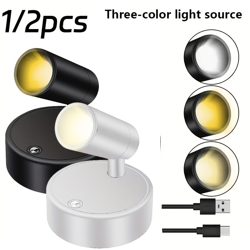 1/2Pcs Bedroom Spotlight, Black & White Shell, Rechargeable Magnetic Wall Lamp, Night Reading Light, Minimalist Decor Spotlight for Bedroom Bedside Desk Living Room Night Light