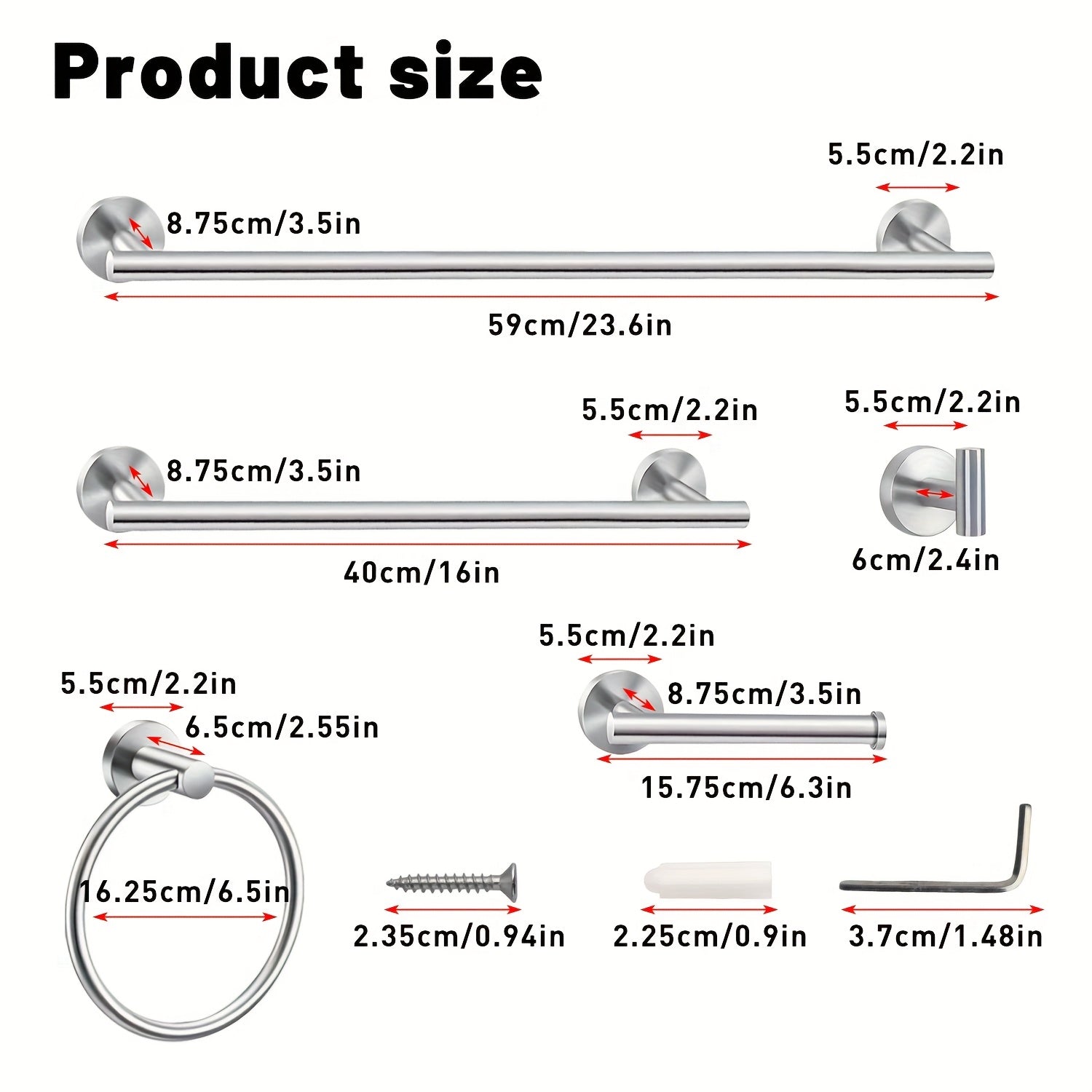 10-Piece Bathroom Hardware Accessory Set - 23.6" Towel Bar, Towel Ring, Toilet Paper Holder, Robe Hook, Stainless Steel Bathroom Accessories Combo