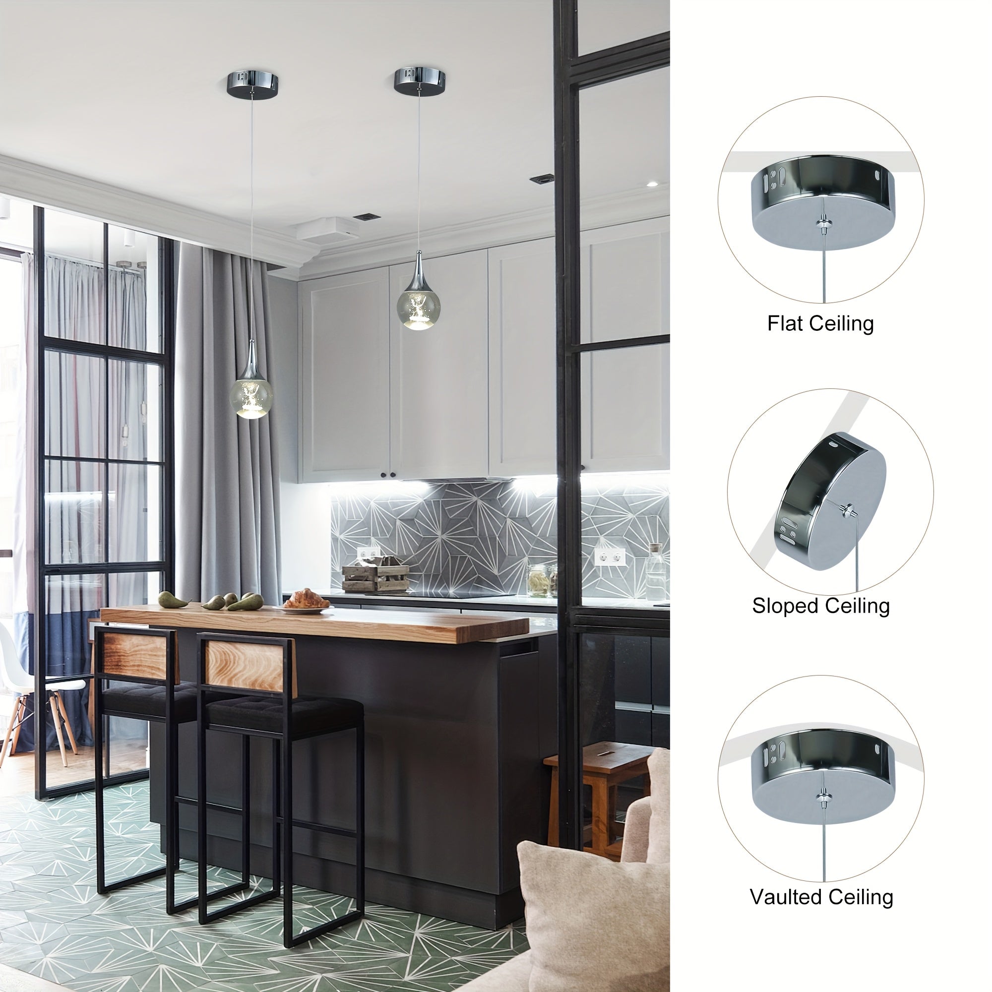 Modern chrome gold spherical LED pendant light, with 3D antler crystal lampshade — adjustable hanging height, warm light 3200K, suitable for kitchen island, dining room or bar, elegant droplet shape, kitchen island lighting