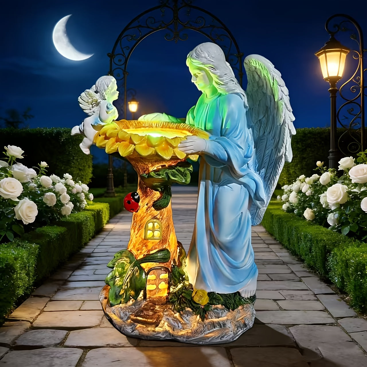 OTDECOR 1-Piece Solar Color Changing Light Angel and Cherub Garden Statue, Angel Outdoor Statue Sculpture, Resin Outdoor Decor with LED Lighted Tree House Base, Suitable for Patio and Backyard Lawn Decoration