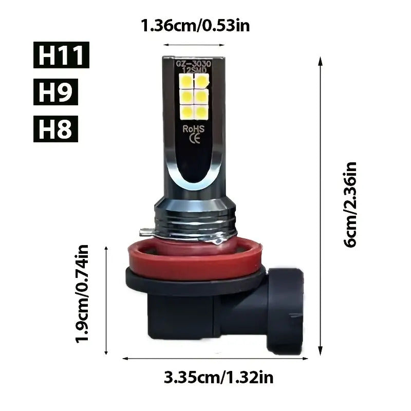 2个H11/H9/H8 LED大灯灯泡，超亮1:1迷你尺寸汽车灯泡，无需适配器即插即用，高功率6500K白光CANBUS H11/H9/H8雾灯灯泡，不含电池，输出：