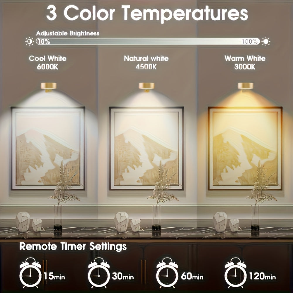 En: Black/Gold Round Smart LED Painting Light, Battery Operated (Battery Not Included), Remote Control Dimmable Timable Lamp for Photo Frame Art Portrait Home Wall Decor