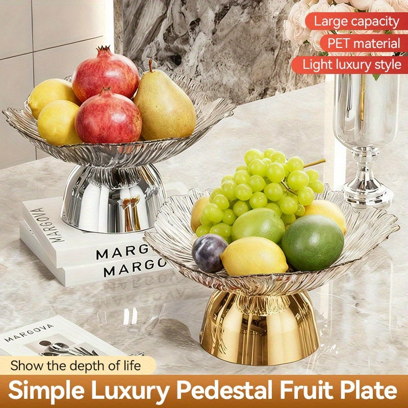 LDQ Elegant Oval Fruit & Snack Stand with Tray - Large Capacity Leaf-Shaped Rim, Sturdy Lightweight Plastic Party Tray, for Kitchen, Dessert Table, Wedding, Party - Space-Saving Multi-Functional Fruit Bowl & Event Utility (Pet-Friendly)