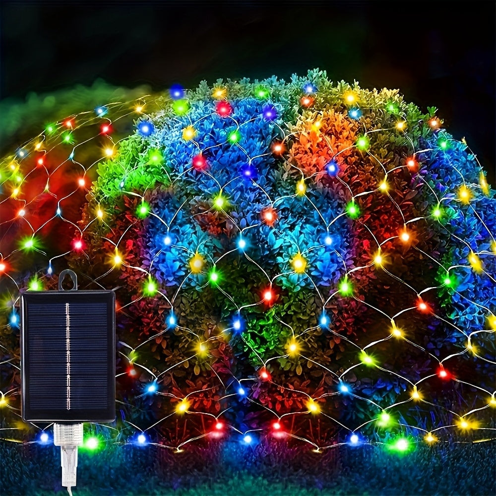 1包太阳能网灯-192 LED，9.8英尺x 6.6英尺8模式LED闪光网灯，适用于室外/室内使用-非常适合树木、景观、花园、屋顶、阳台、墙壁装饰-非常适合婚礼、生日、圣诞节、万圣节、派对 IP44