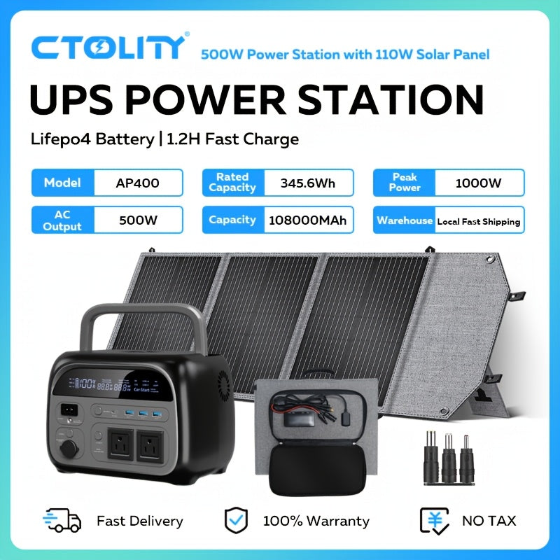 Ctolity 110W 太陽能板 (單體販售), 2400W/ 1800W/ 500W (峰值 4800W/ 3600W/1000W) 可攜式電源站, 2048Wh/ 1024Wh/ 345Wh LifePO4 電池, 400W/ 200W/ 100W 太陽能板可用於直接充電手機、筆記型電腦, UPS 功能