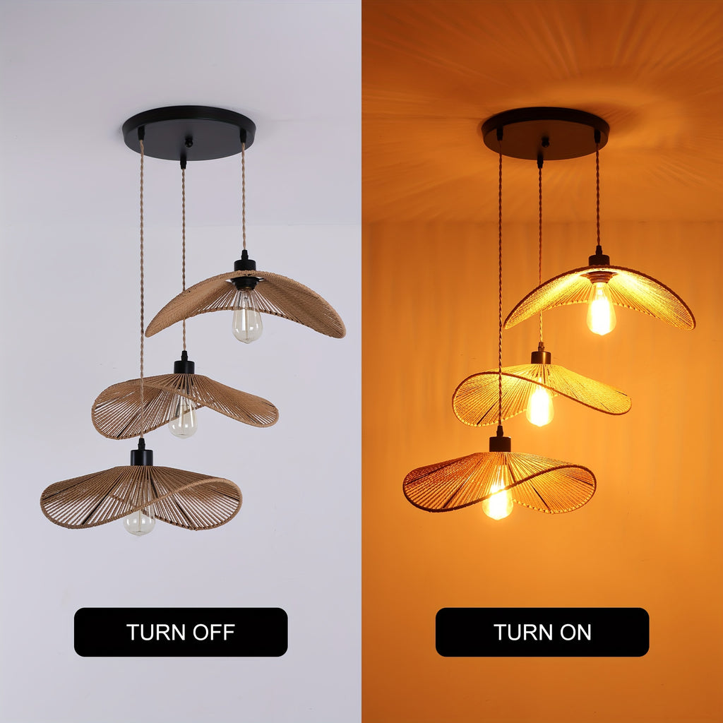 Enkerr three-light hand-woven bamboo rattan pendant light - modern bohemian style height-adjustable hanging lamp, natural wood grain finish, E26 base (bulb not included), dimmer compatible, suitable for farmhouse, bedroom, living room