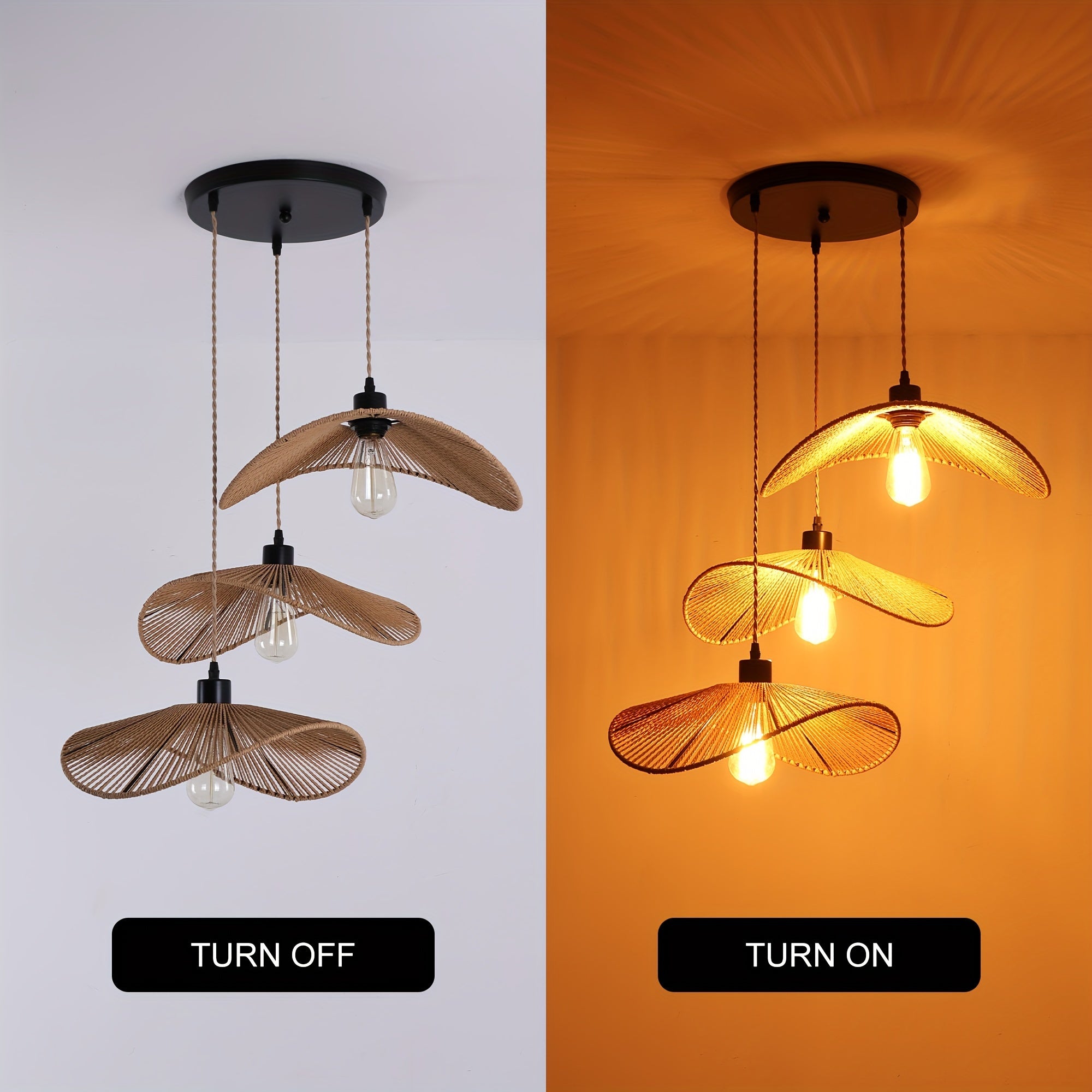 Enkerr three-light hand-woven bamboo rattan pendant light - modern bohemian style height-adjustable hanging lamp, natural wood grain finish, E26 base (bulb not included), dimmer compatible, suitable for farmhouse, bedroom, living room