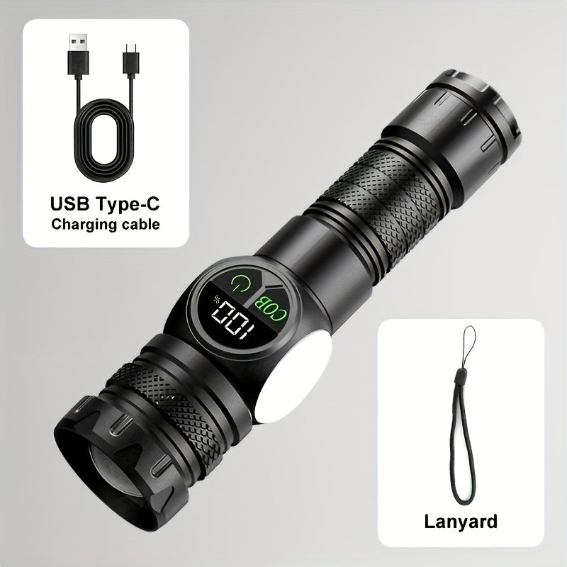 Super Bright USB Rechargeable LED Flashlight, Magnetic Base, 5 Lighting Modes, Digital Display, Type-C Fast Charging, Perfect for Outdoor Activities, Emergencies and Camping
