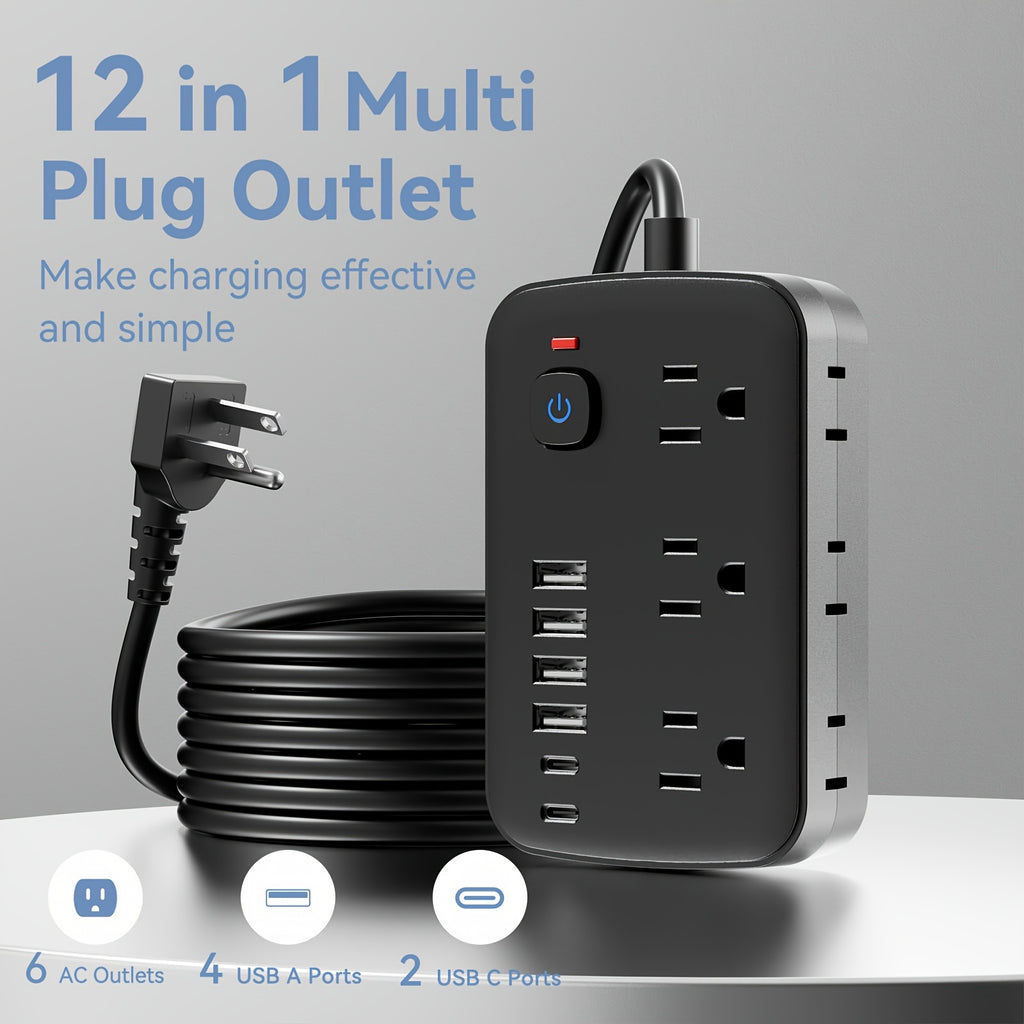 Travel Power Strip Featuring 12 Functions, Equipped with a 5FT/10FT Cord, 6 AC Outlets, 4 USB-A Ports, And 2 USB-C Ports, Includes Overload Protection And Can Be Mounted on a Wall for Desk Charging