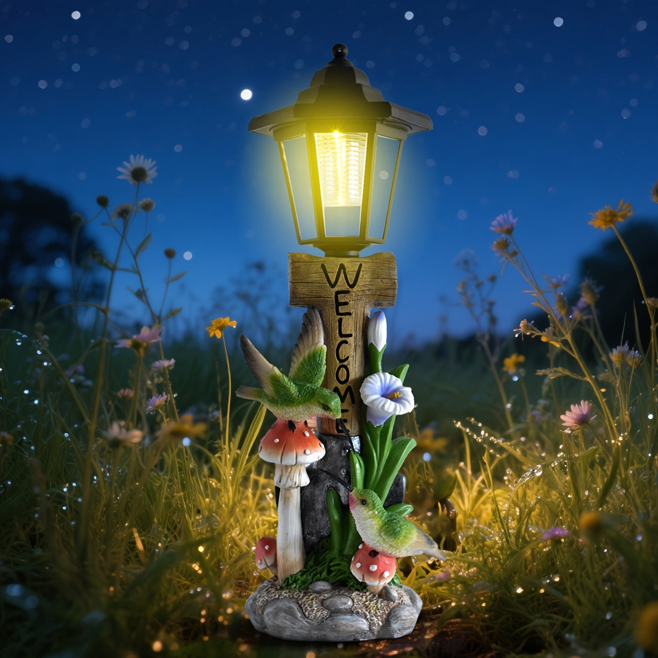 One-Piece Creative Resin Couple Hummingbird Solar Outdoor Light Sculpture Ornament, Courtyard Villa Garden Home Decorative Night Light, Path Balcony Atmosphere Sculpture Light, Solar Rechargeable Light, Graduation Season Gift for Friends