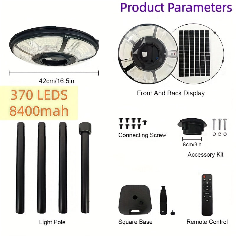 1PCS 370LED Solar Courtyard Light Set, Portable Camping Light with Water Tank, Light Pole, Courtyard Light Head, 78-Inch Tall Pole, Remote Control Path Light, Long-Lasting Dusk-to-Dawn Outdoor Light, Motion Sensor Integrated Street Light