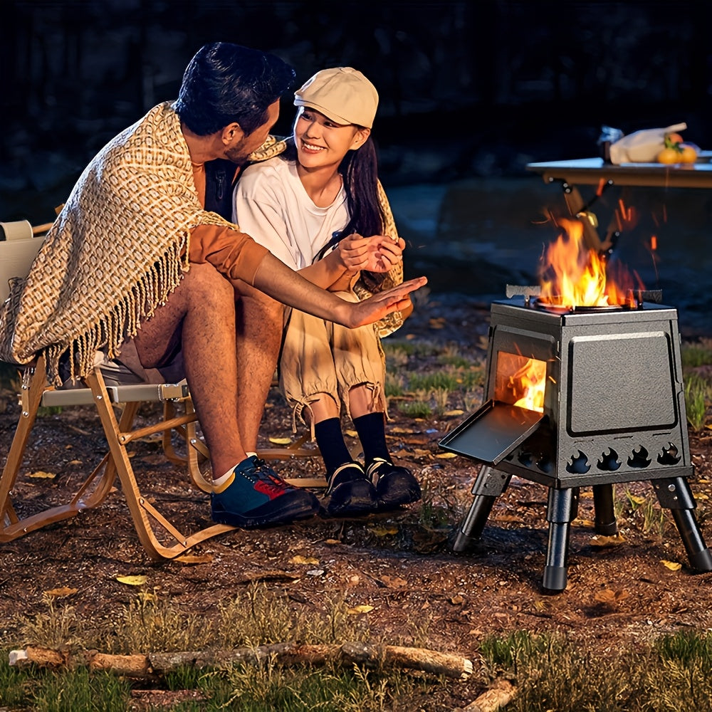 Portable Folding Fire Pit Stove - Compact Camping Fireplace with Wood Box Opening, Ash Tray & Stable Legs - Heavy-Duty Carbon Steel Outdoor Stove, Ideal for Camping, Backyard, Picnic, Beach