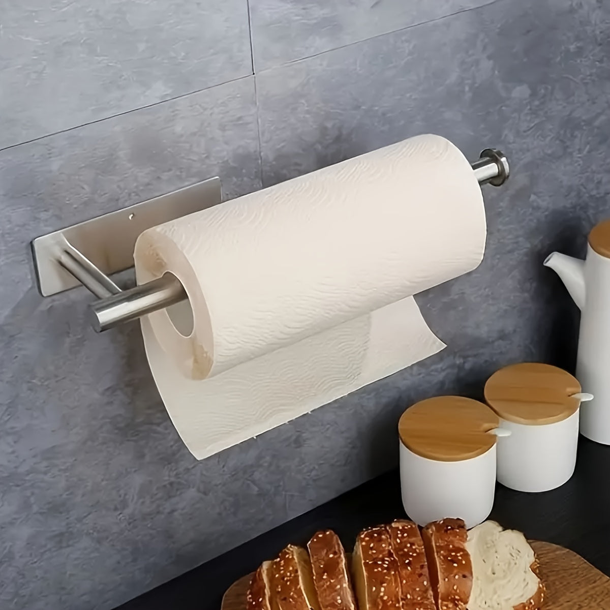 1pc No-Drill Self-Adhesive Wall Mount Paper Towel Holder - Stainless Steel Kitchen & Bathroom Organizer for Roll Paper, Cling Wrap, Towels & Utensils, Modern Space-Saving Design, Drill-Free Install, Sleek Metal Finish, Easy Setup