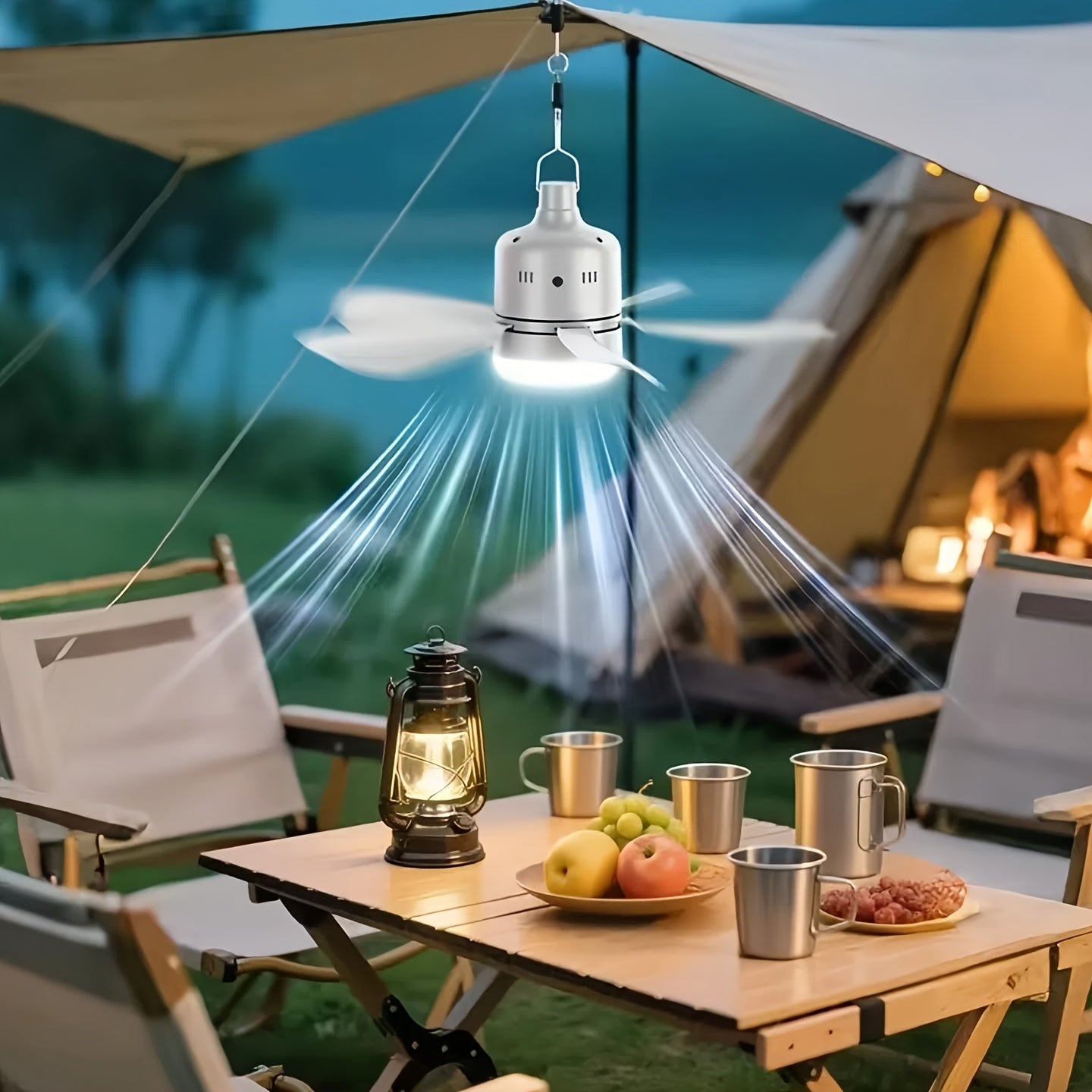 USB Rechargeable Portable Fan Light, 3 Brightness LED & 3 Strong Wind Speeds, 3000mAh Built-in Battery, Detachable Fan Blades, IP65 Waterproof Remote Control Camping Lantern Flashlight